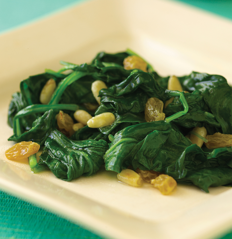 Baby Spinach With Golden Raisins and Pine Nuts