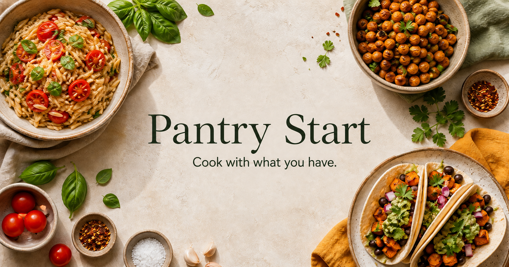 Overhead table with tomato-basil orzo, roasted chickpeas and sweet potato tacos around the Pantry Start wordmark.